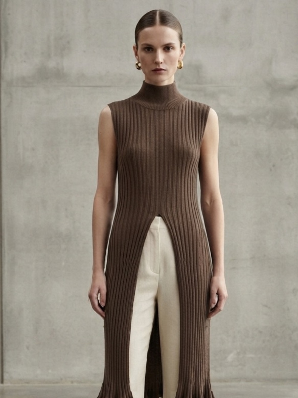 Zara Mockneck Brown Ribbed Sleeveless Ribbed Knit Long Top Size Small